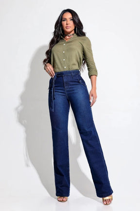 Calça Jeans Wide Leg Modeladora com Cinto - CH99