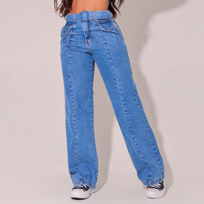 Calça Jeans Feminina Wide Leg Modeladora com Cinto e Bolso de Lapela Fake Roma- CH33072