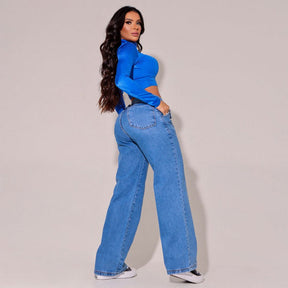 Calça Jeans Feminina Wide Leg Modeladora com Cinto e Bolso de Lapela Fake Roma- CH33072