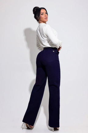 Calça Wide Leg com Cinto Azul Magnífica - CH105